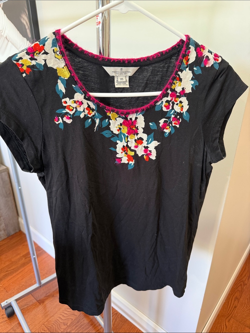French Connection Black Scoop Neck Tee with Multicolor Floral Embroidery
